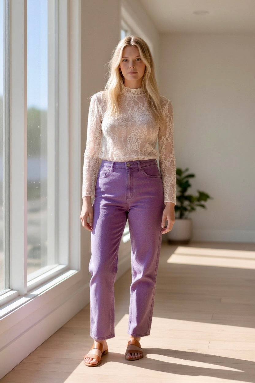 High-waist lavender straight-leg jeans with Jade by Jane top