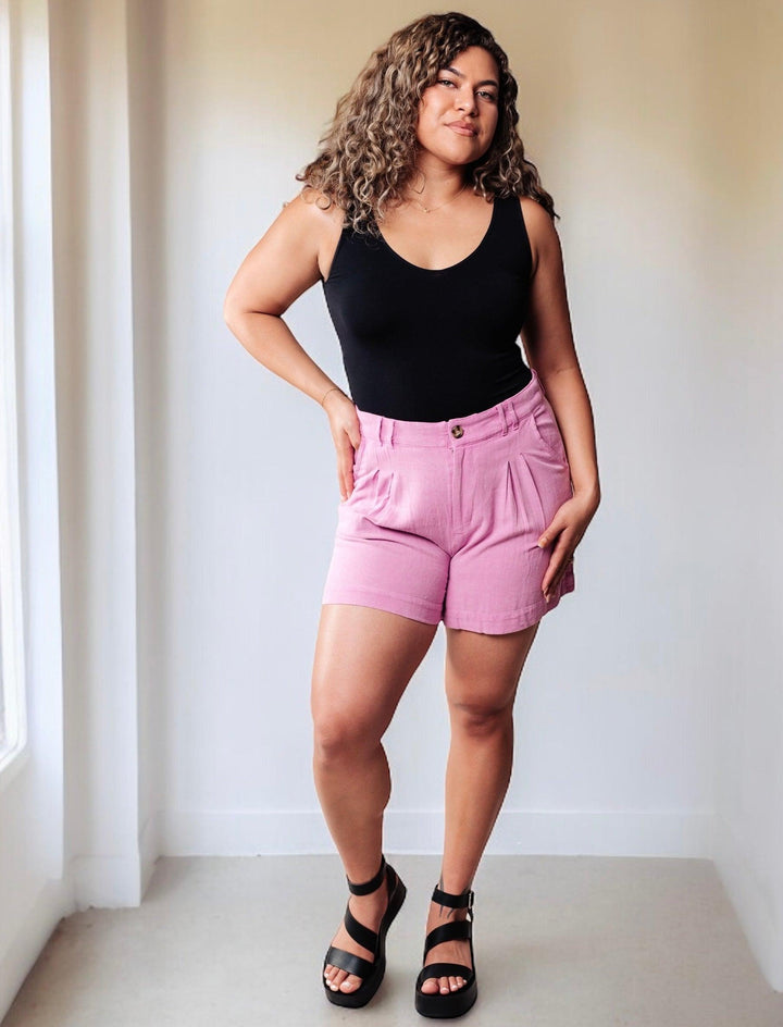 Pink Cotton High Waist Pleated Shorts Bottoms