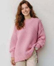 Pink Full Size Side Slit Loose Fit Mock Neck Sweater | Sweaters Daverri Fashions