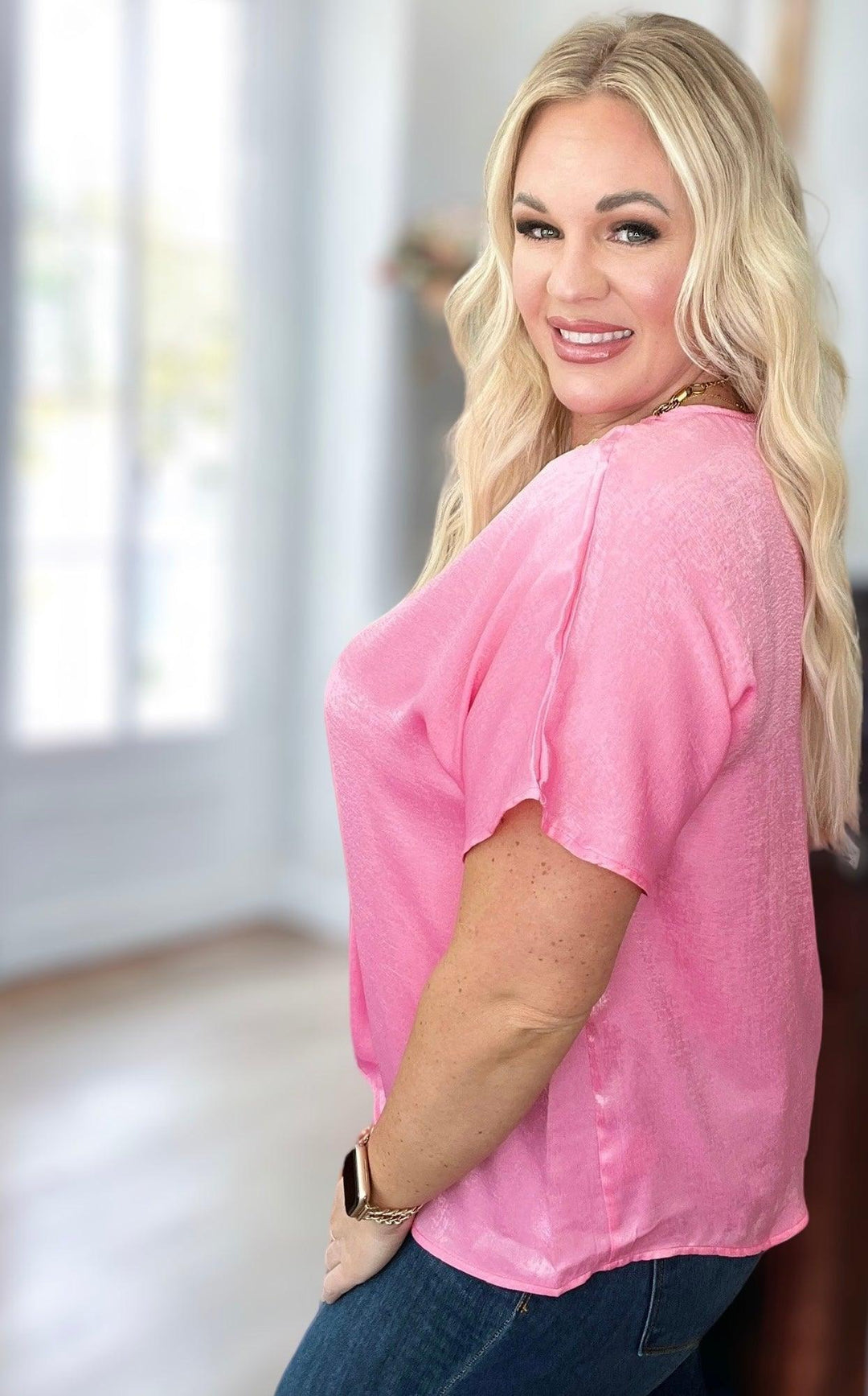 Short Sleeve V-Neck Pink Satin Top Shirts & Tops