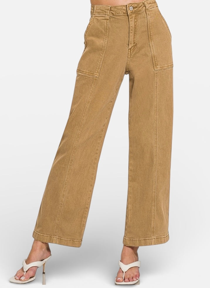 Zenana tan wide-leg utility jeans with patch pockets