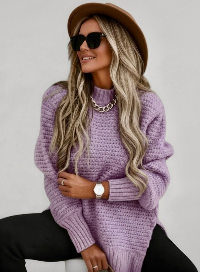 Full Size Side Slit Loose Fit Mock Neck Sweater | Sweaters Daverri Fashions