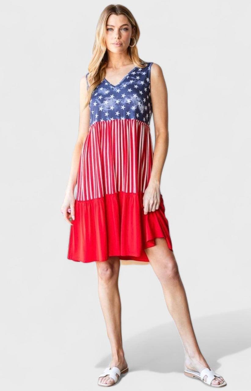 Heimish Full Size US Flag Theme Contrast Tank Dress S Tank Dresses