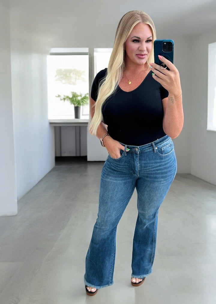 Judy Blue High Waist Control Top Frayed Hem Flare Jeans Jeans