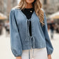 Tied Front Puff Sleeve Denim Top - DAVERRI FASHIONS