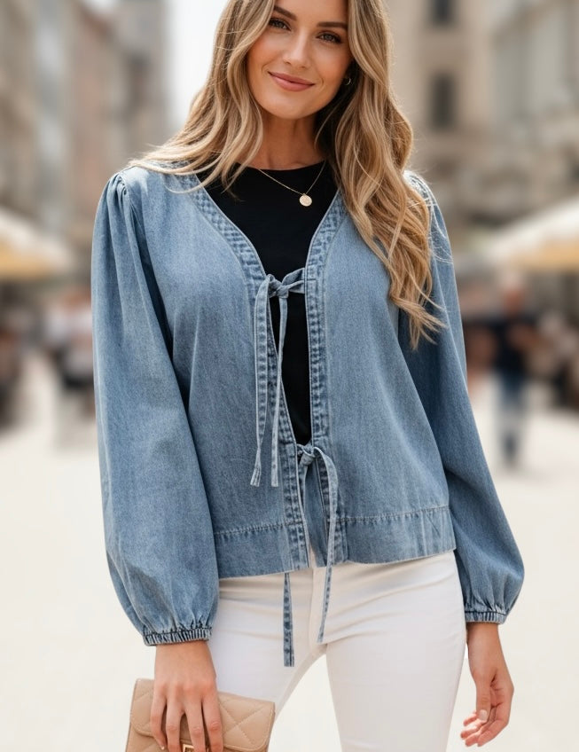 Tied Front Puff Sleeve Denim Top | Tops Daverri Fashions