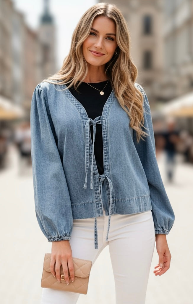 Tied Front Puff Sleeve Denim Top | Tops Daverri Fashions