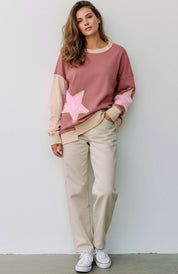 Contrast Star Patchwork Exposed Seam Uneven Hem Drop Shoulder Sweatshirt | Sweatshirts Daverri Fashions