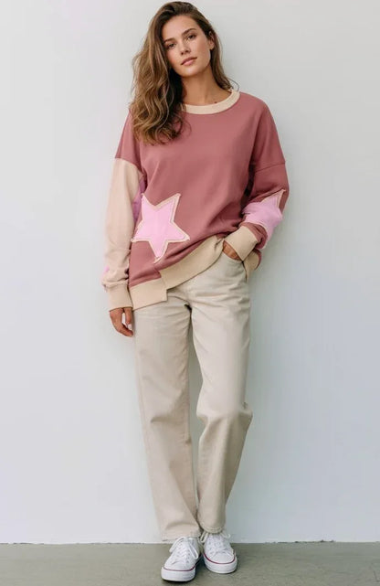 Star Patchwork Exposed Seam Drop Shoulder Sweatshirt - DAVERRI FASHIONS