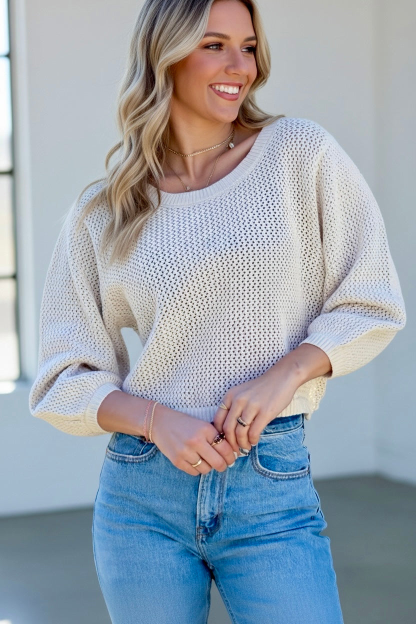 Daverri relaxed fit cream knit sweater, wide crew neck, 3/4 sleeves