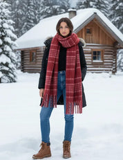 Red fringe plaid thermal scarf in woolen material