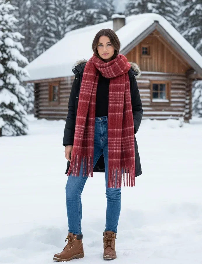 Red fringe plaid thermal scarf in woolen material