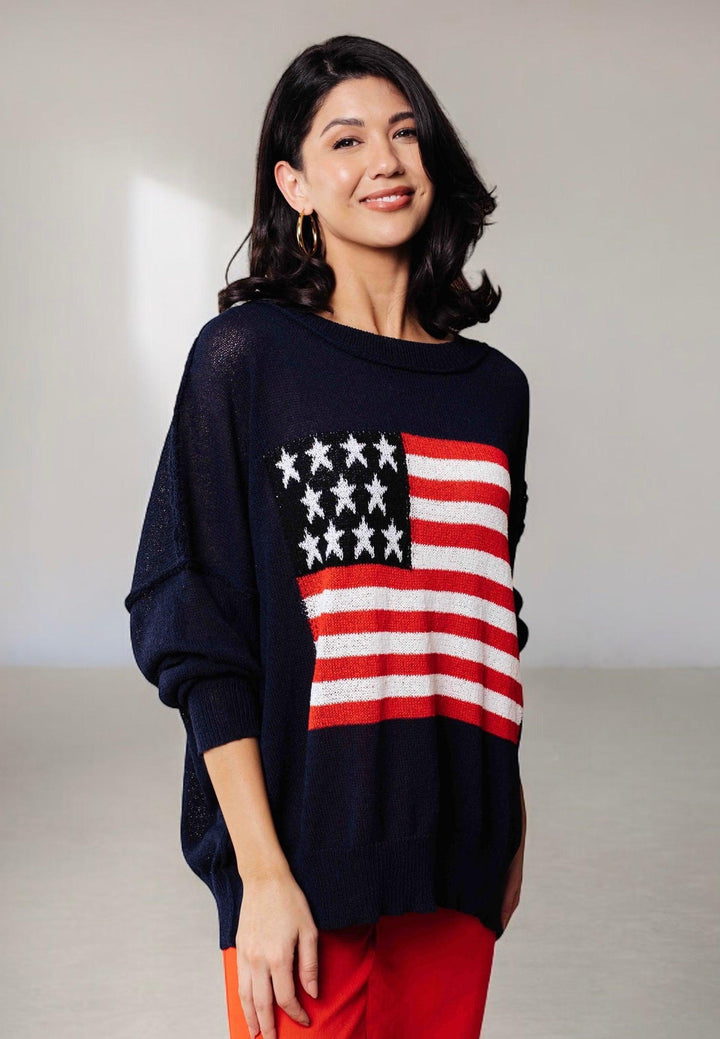 Lightweight American Flag Sweater Knit Pullover Shirts & Tops