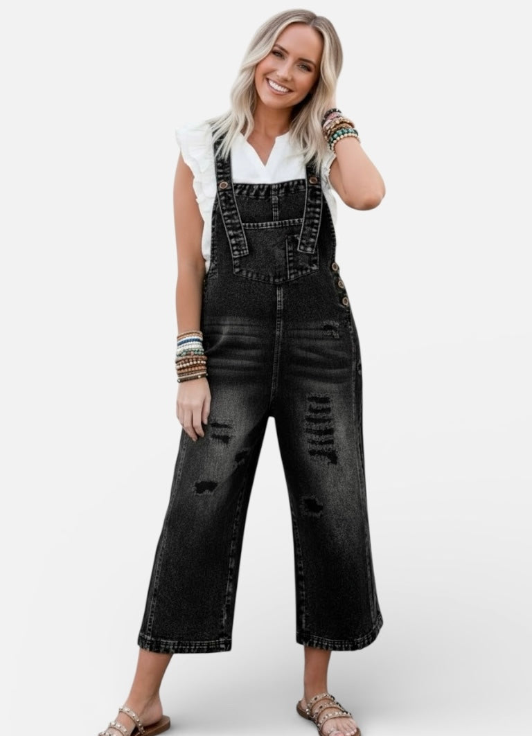 Daverri Distressed Wide Strap Denim Overalls