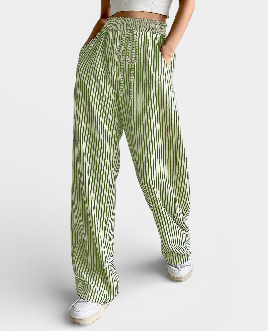 Daverri light green white striped high-waisted wide-leg pants