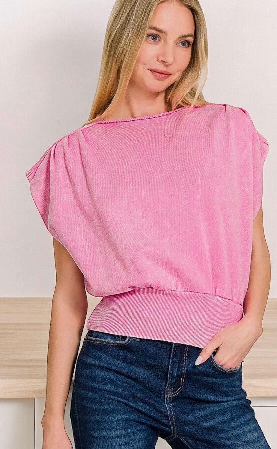 Washed Boat Neck Dolman Sleeve Top Tops