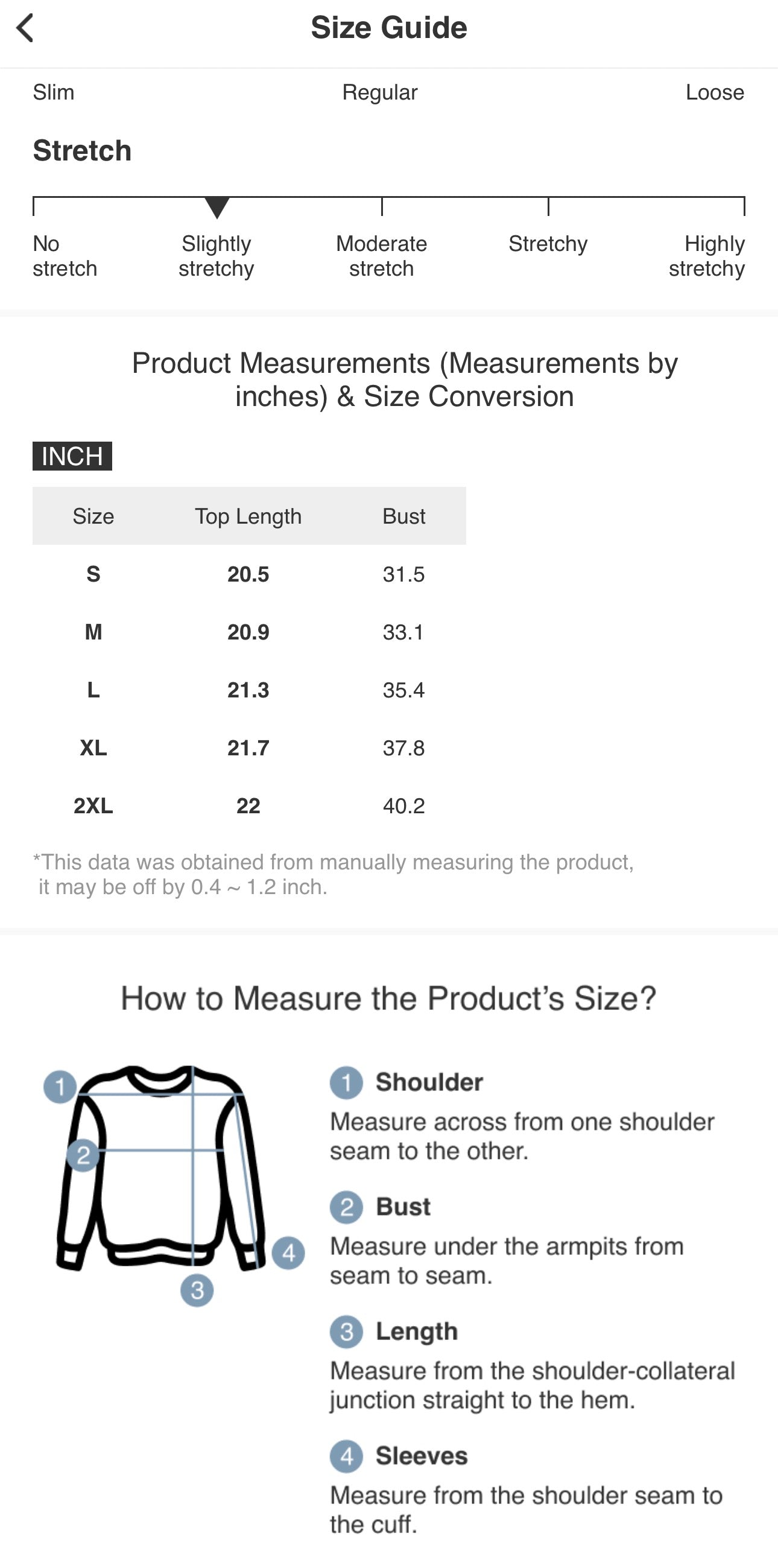 Daverri Floral Print Mock Neck Tank size guide chart, S-2XL inches, stretch levels