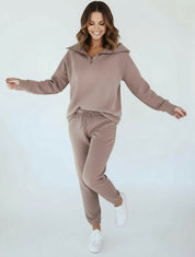 Zip Collar Long Sleeve Top and Drawstring Pants Set | Loungewear Sets Daverri Fashions