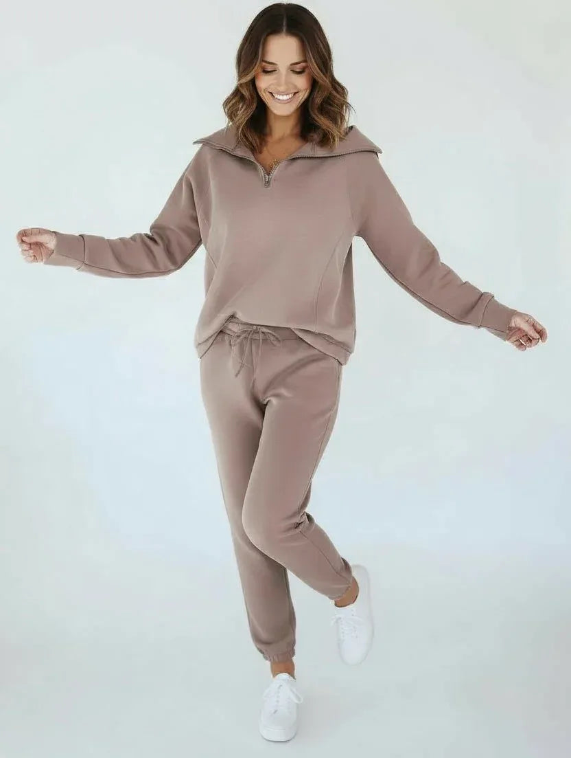 Zip Collar Long Sleeve Top and Drawstring Pants Set - DAVERRI FASHIONS