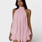 Soft pink halter neck ruched mini dress with chiffon ruffle hem