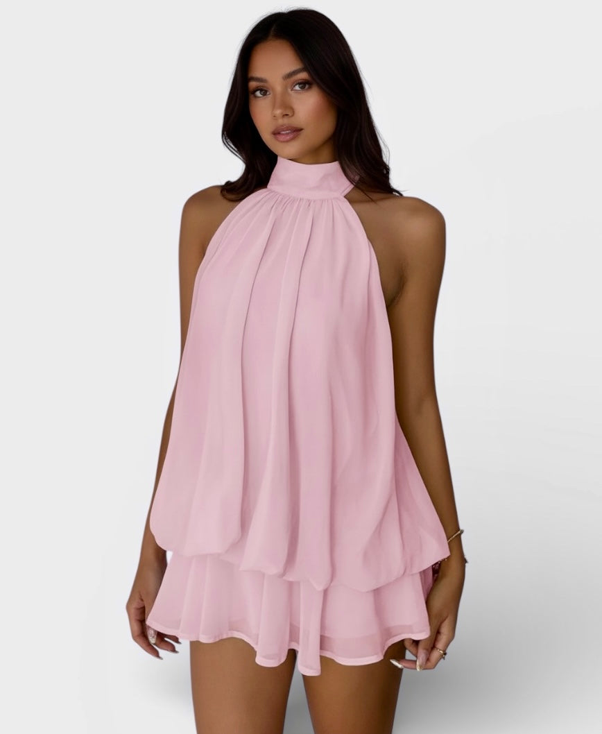 Soft pink halter neck ruched mini dress with chiffon ruffle hem