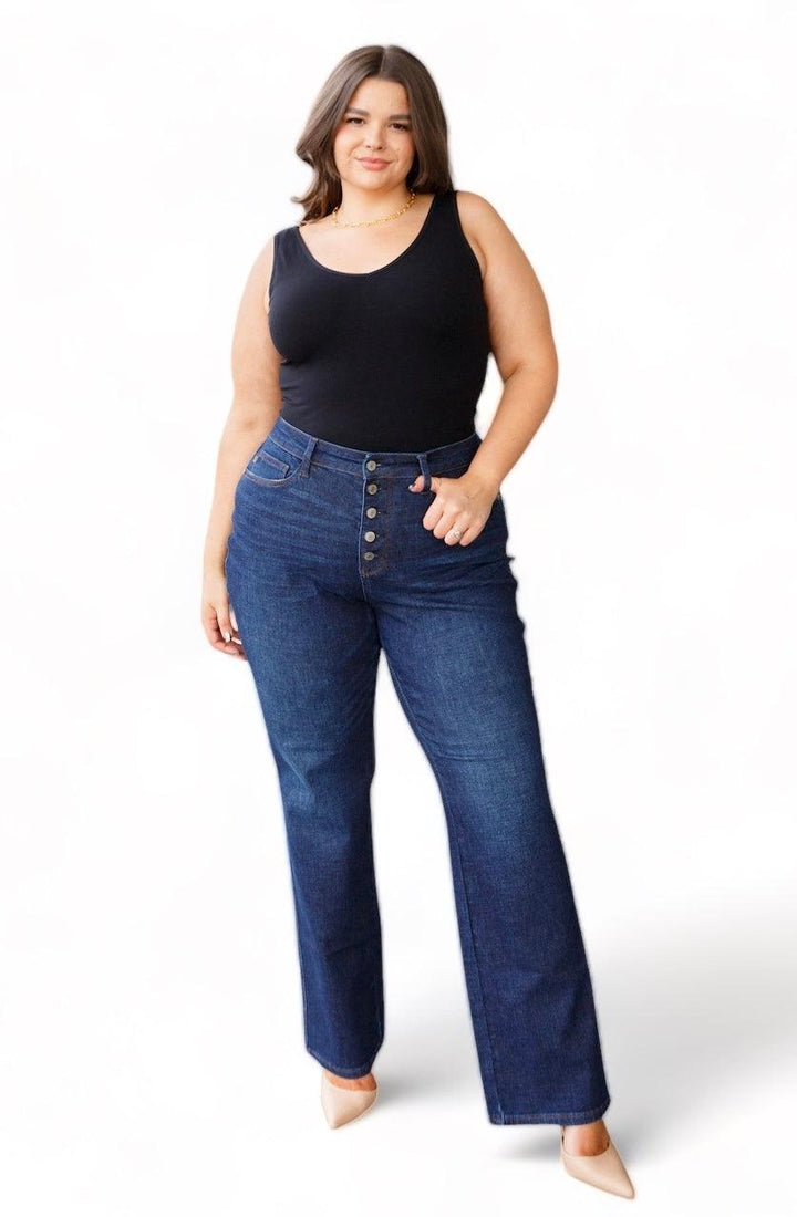 High Rise Button Fly Straight Judy Blue Jeans Dark Wash Jeans