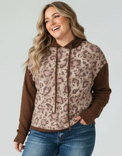 Plus Size Leopard Long Sleeve Drawstring Hoodie