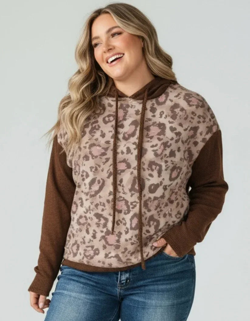 Plus Size Leopard Long Sleeve Drawstring Hoodie - DAVERRI FASHIONS