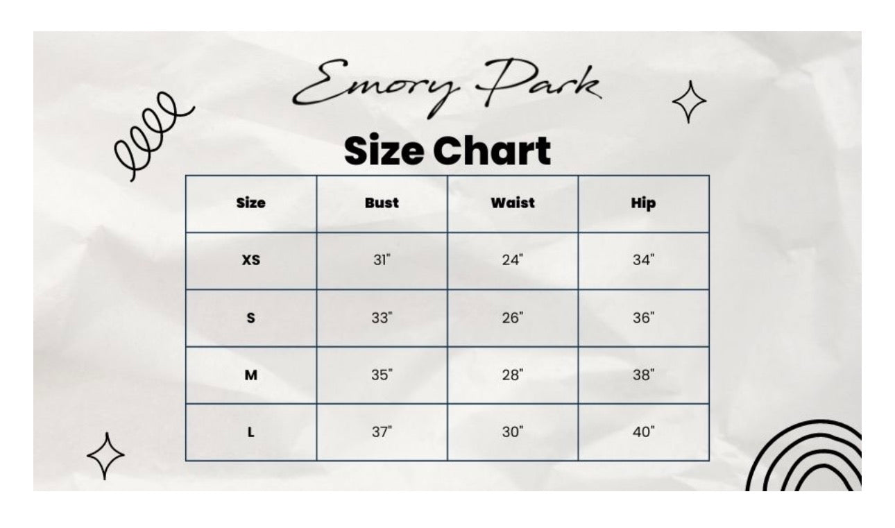 Emory Park size chart for Halter Asymmetrical Printed Dress on gray paper
