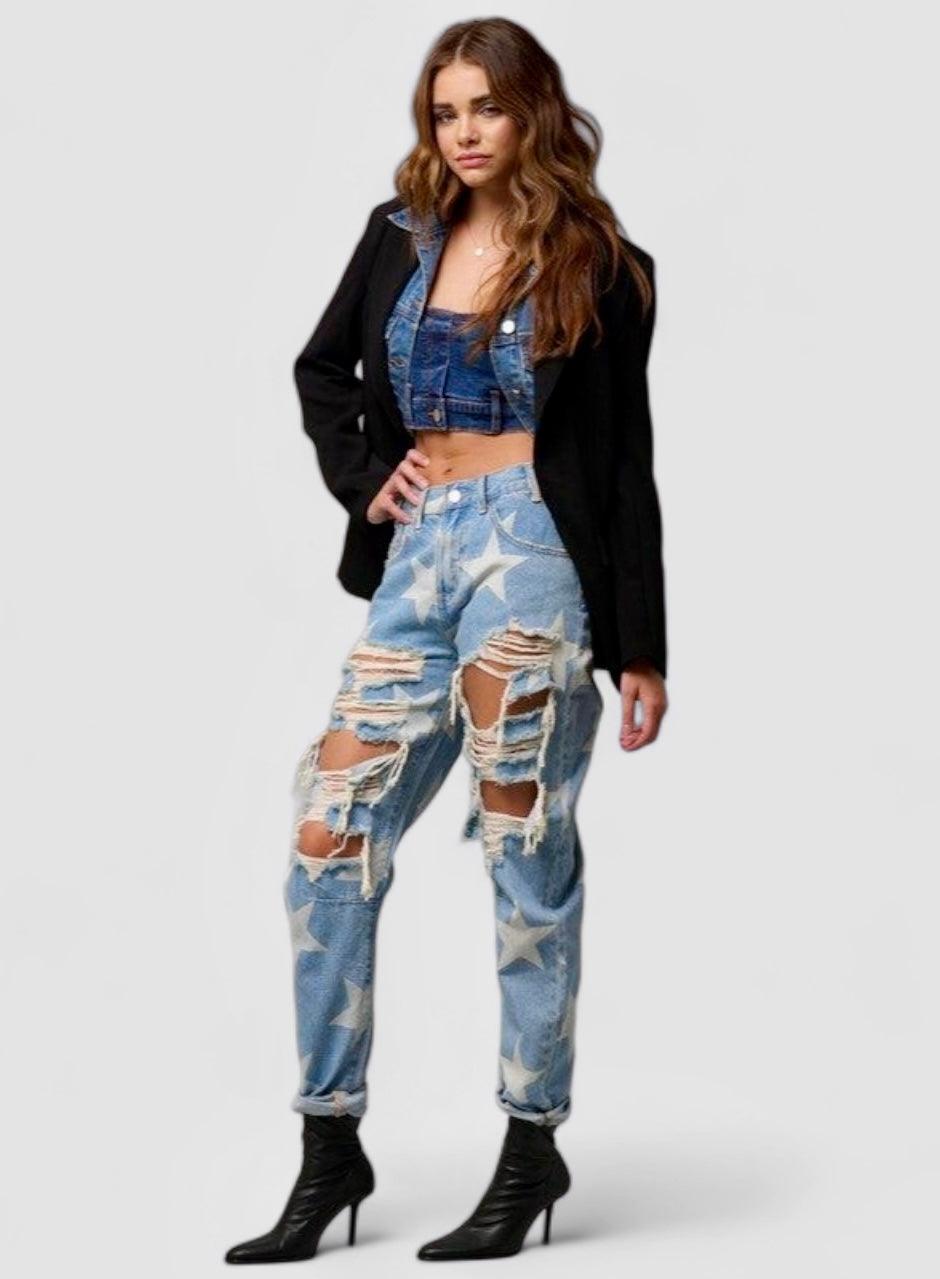 Star Print Ripped Slouchy Jeans Jeans