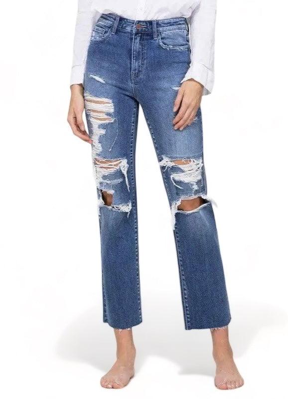 High Rise Straight Distressed Jeans Medium Wash Jeans