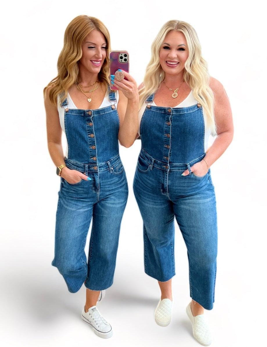 Medium Wash Judy Blue Plus High Rise Crop Wide Leg Denim Overalls | Overalls Daverri Fashions