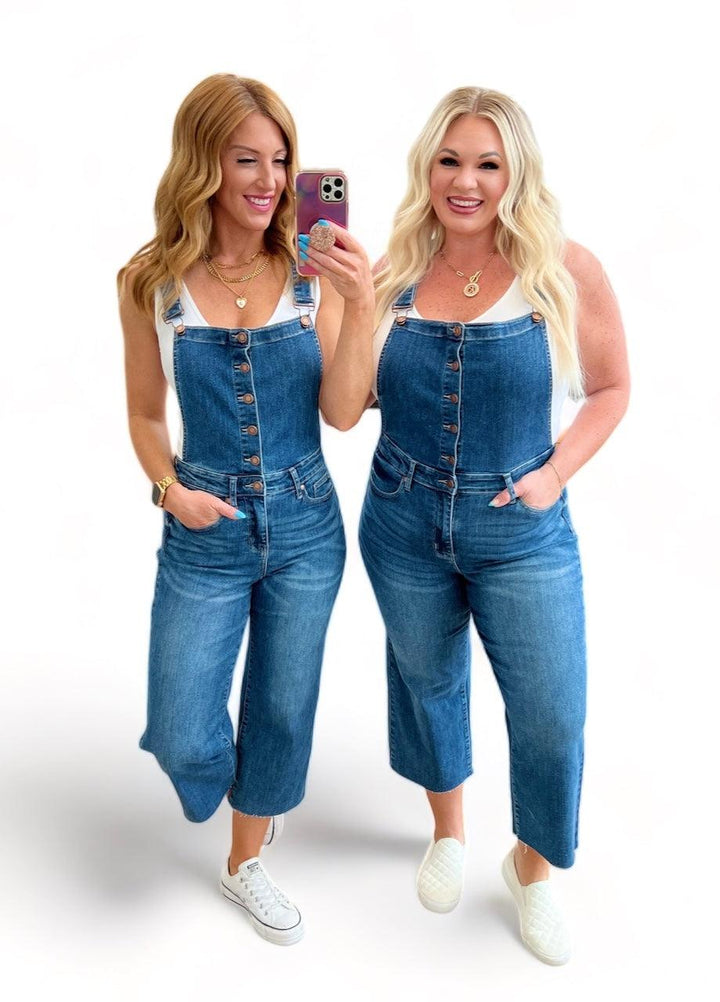 Plus High Rise Crop Wide Leg Denim Overalls Medium Wash Jeans