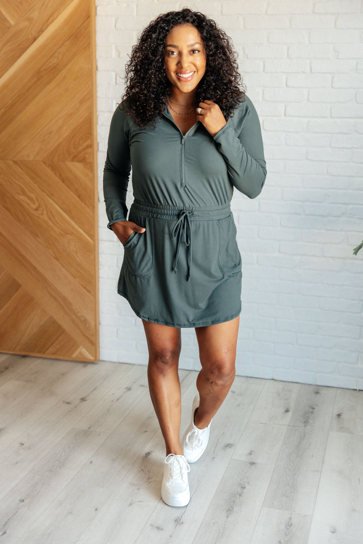 Getting Out Long Sleeve Hoodie Romper in Smoked Spruce Jumpsuits & Rompers