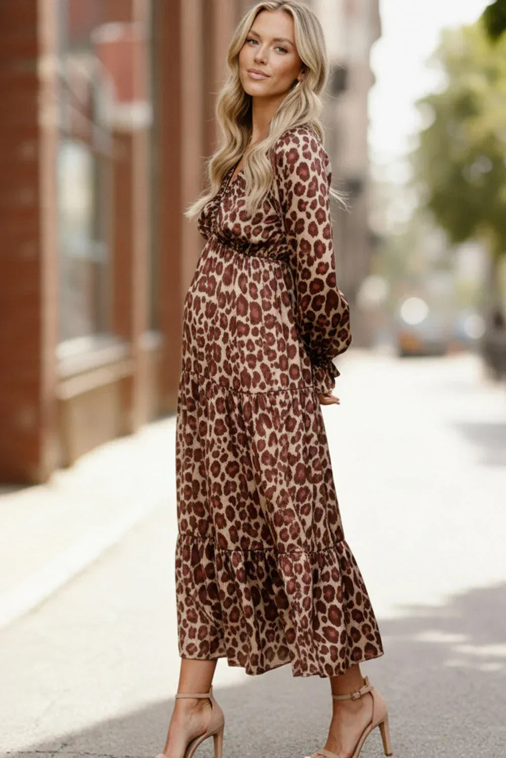Haptics V-Neck Leopard Print Pocketed Tiered Maxi Dress - DAVERRI FASHIONS