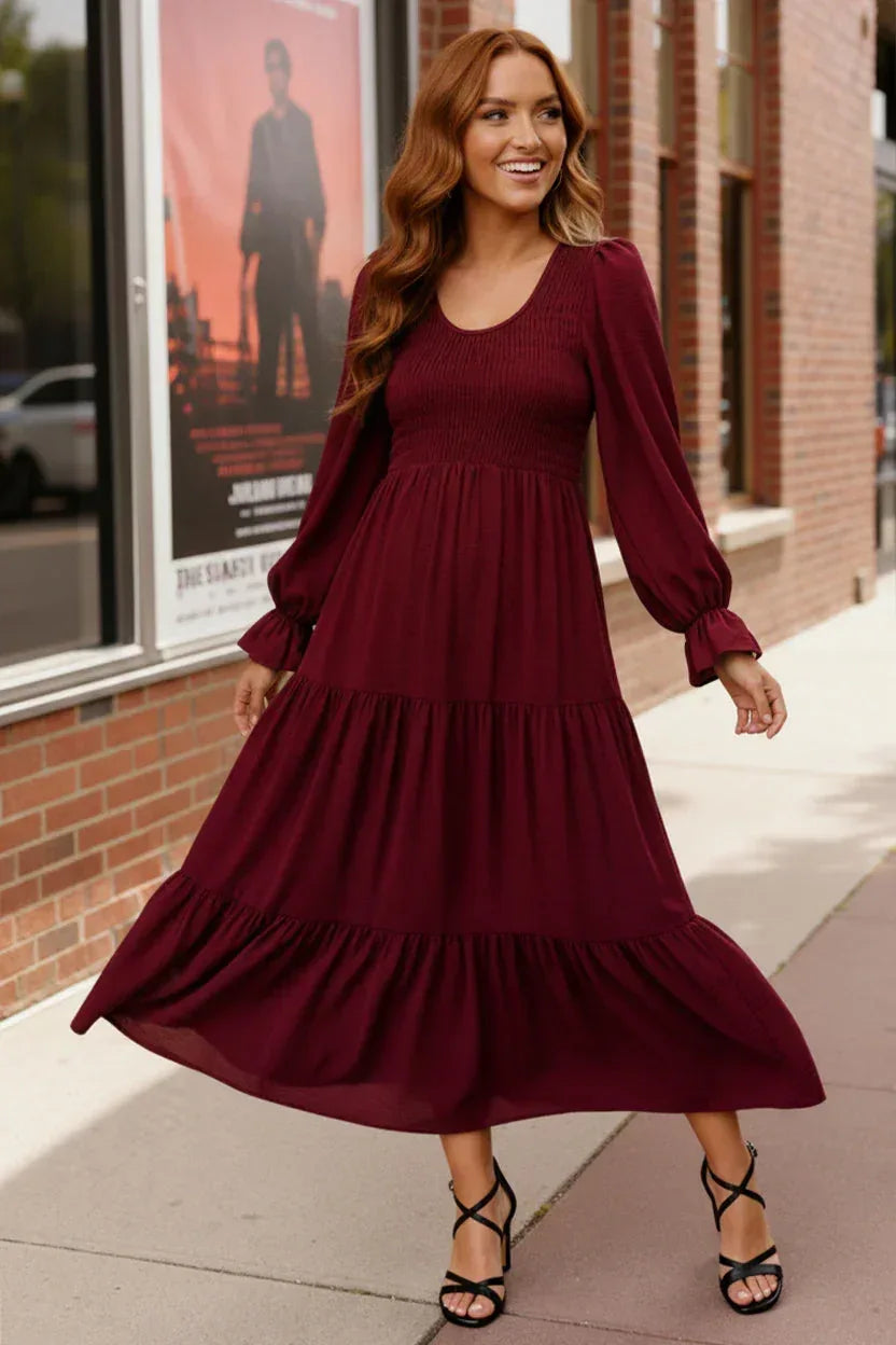 Haptics Burgundy Flowy Tiered Maxi Dress - DAVERRI FASHIONS