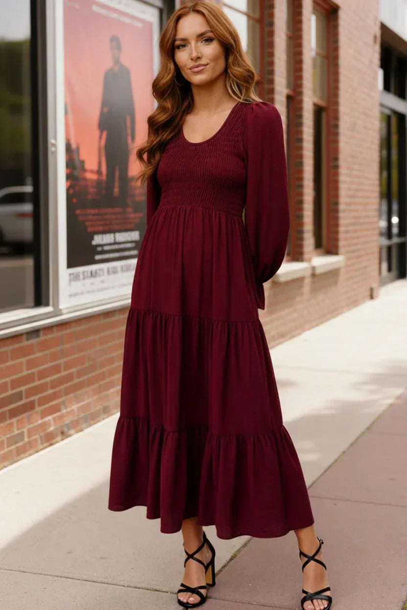 Haptics Burgundy Flowy Tiered Maxi Dress - DAVERRI FASHIONS