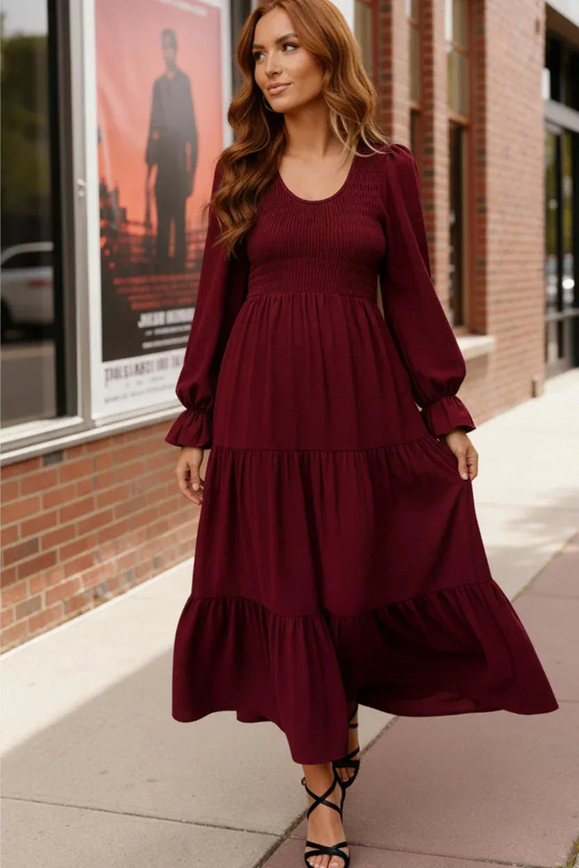 Haptics Burgundy Flowy Tiered Maxi Dress - DAVERRI FASHIONS