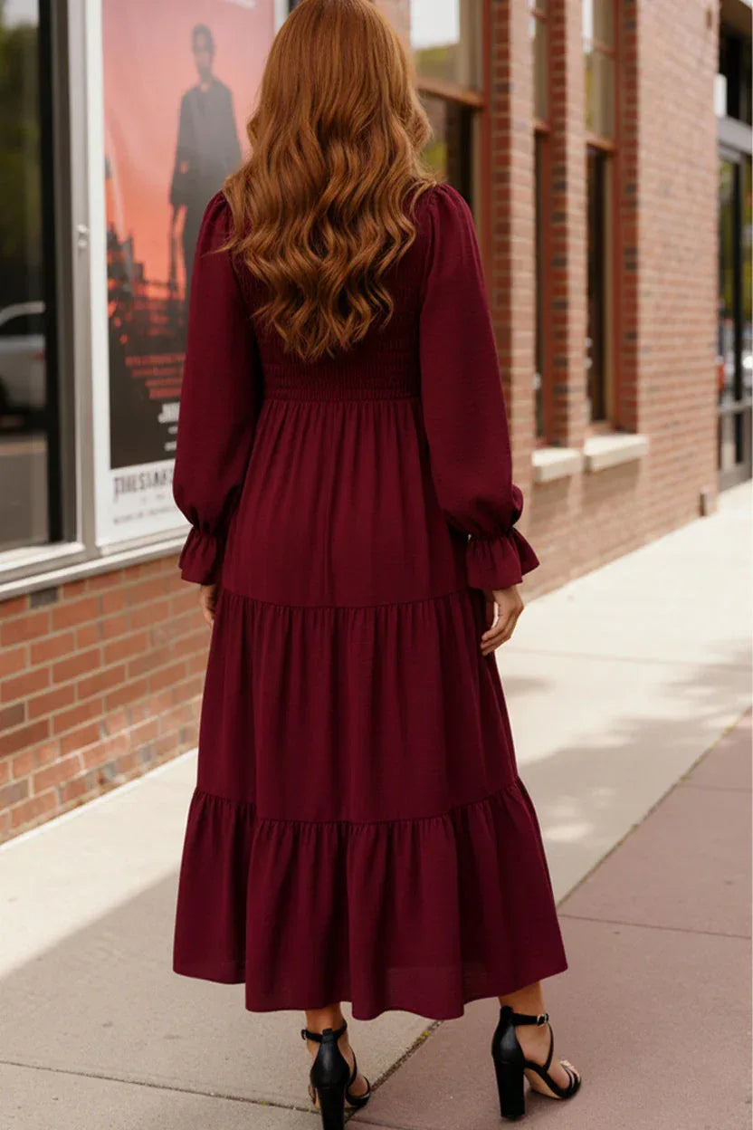 Haptics Burgundy Flowy Tiered Maxi Dress - DAVERRI FASHIONS