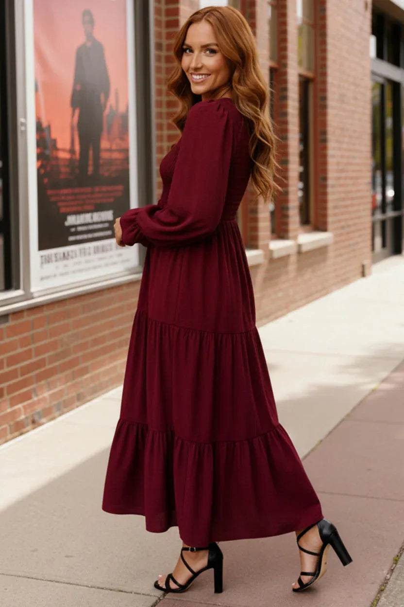 Haptics Burgundy Flowy Tiered Maxi Dress - DAVERRI FASHIONS