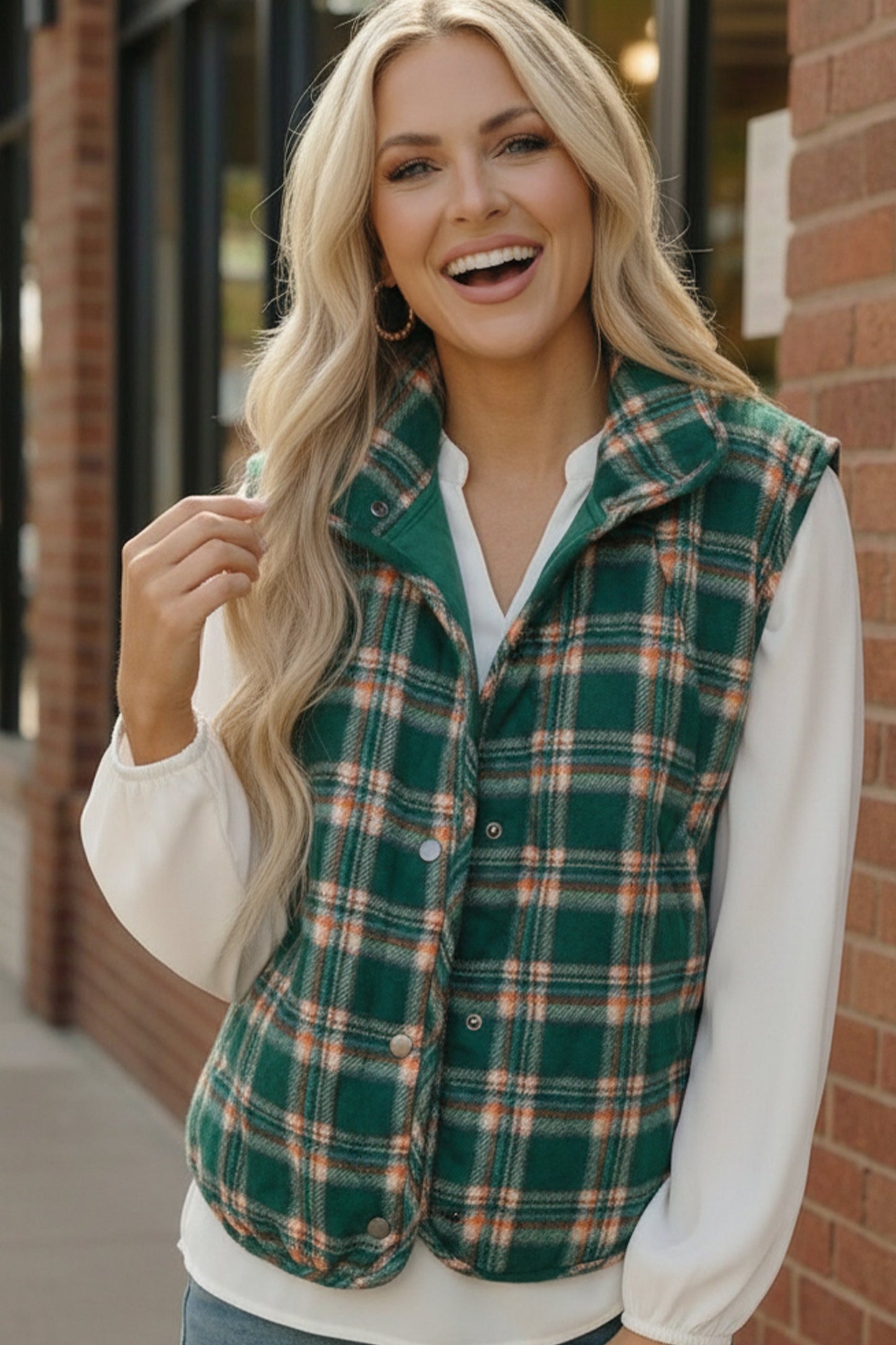 Haptics Evergreen Plaid Quilted Puffer Vest in green with orange white accents