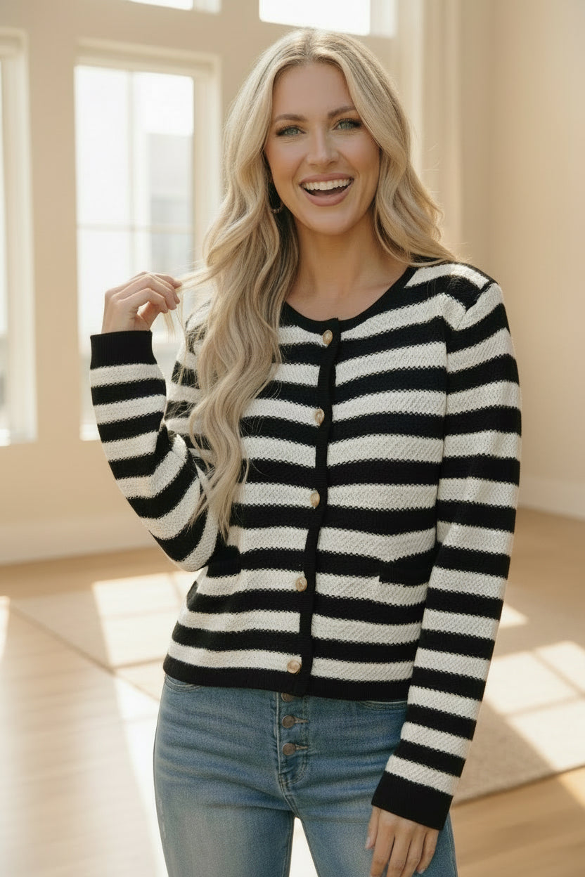 Black and white striped Haptics lightweight knit cardigan with gold buttons