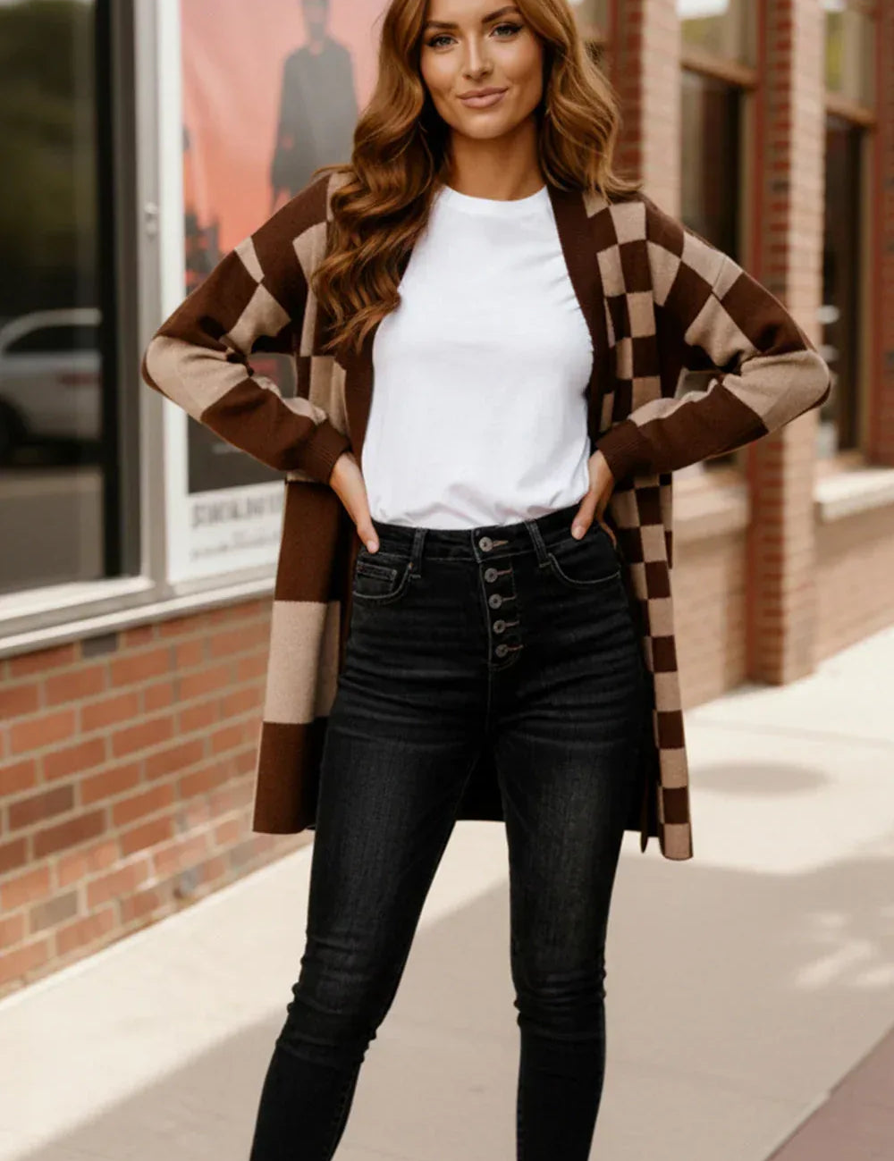 Haptics Mocha Checkered Cardigan - DAVERRI FASHIONS