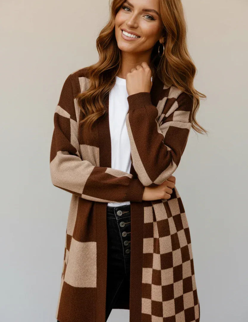 Haptics Mocha Checkered Cardigan - DAVERRI FASHIONS