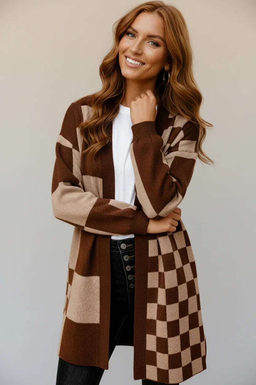 Haptics Mocha Checkered Cardigan - DAVERRI FASHIONS