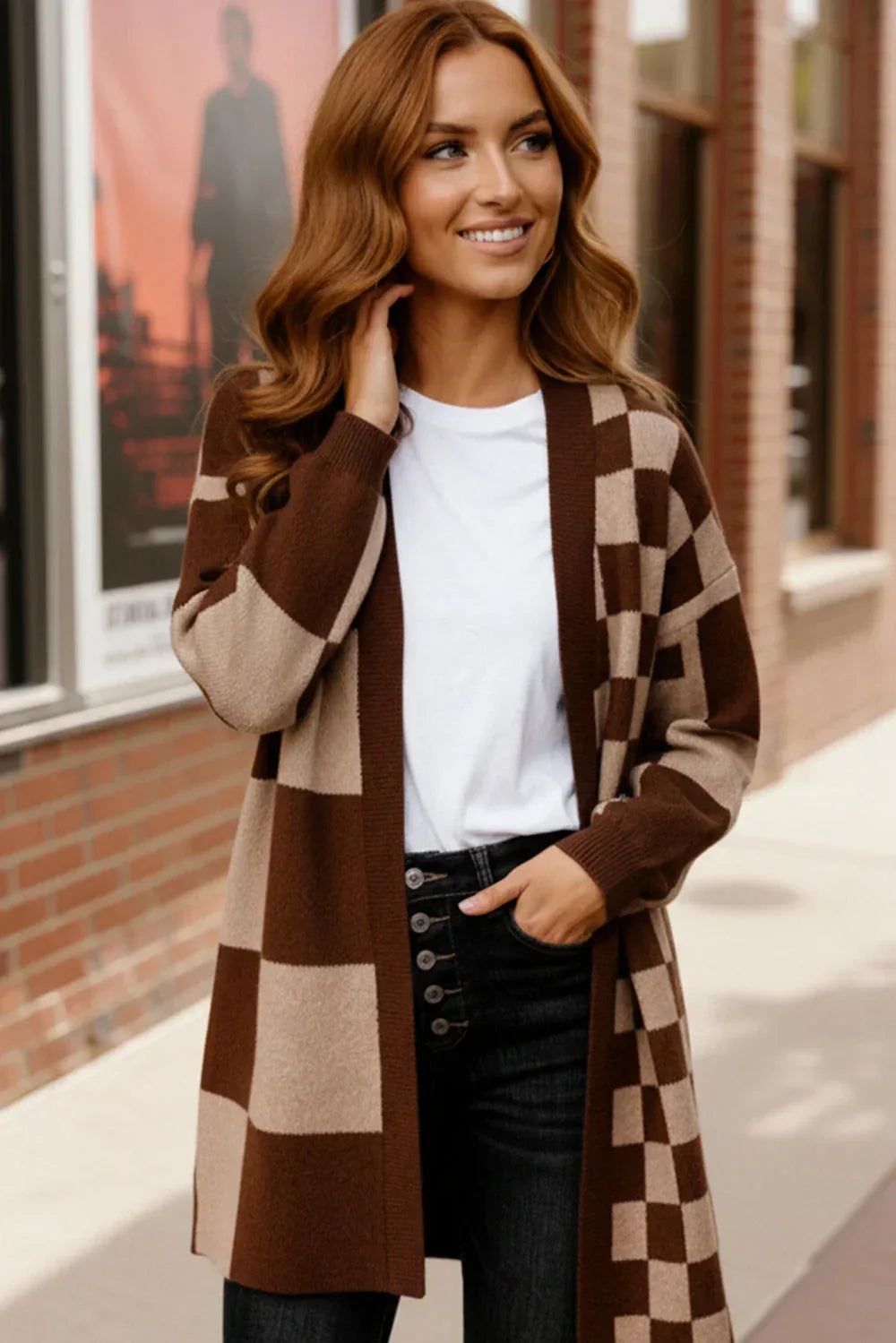 Haptics Mocha Checkered Cardigan - DAVERRI FASHIONS