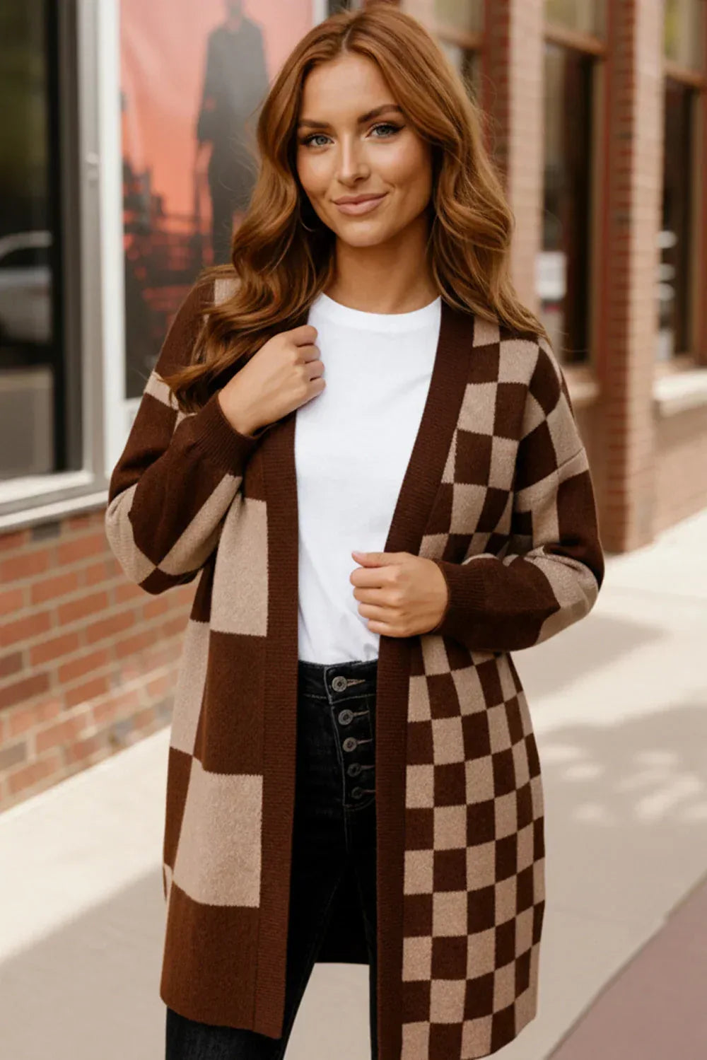 Haptics Mocha Checkered Cardigan - DAVERRI FASHIONS