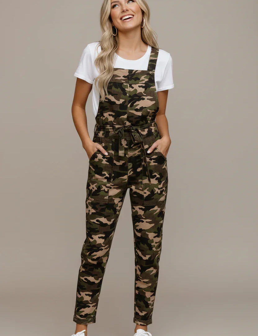 Haptics Cotton Camo Print Overalls with White T-Shirt and Sneakers