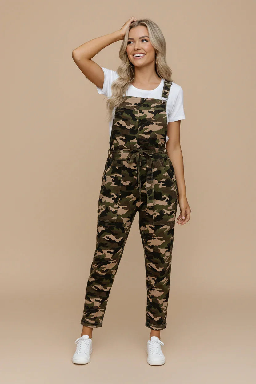 Haptics Cotton Camo Print Overalls with White T-Shirt and Sneakers