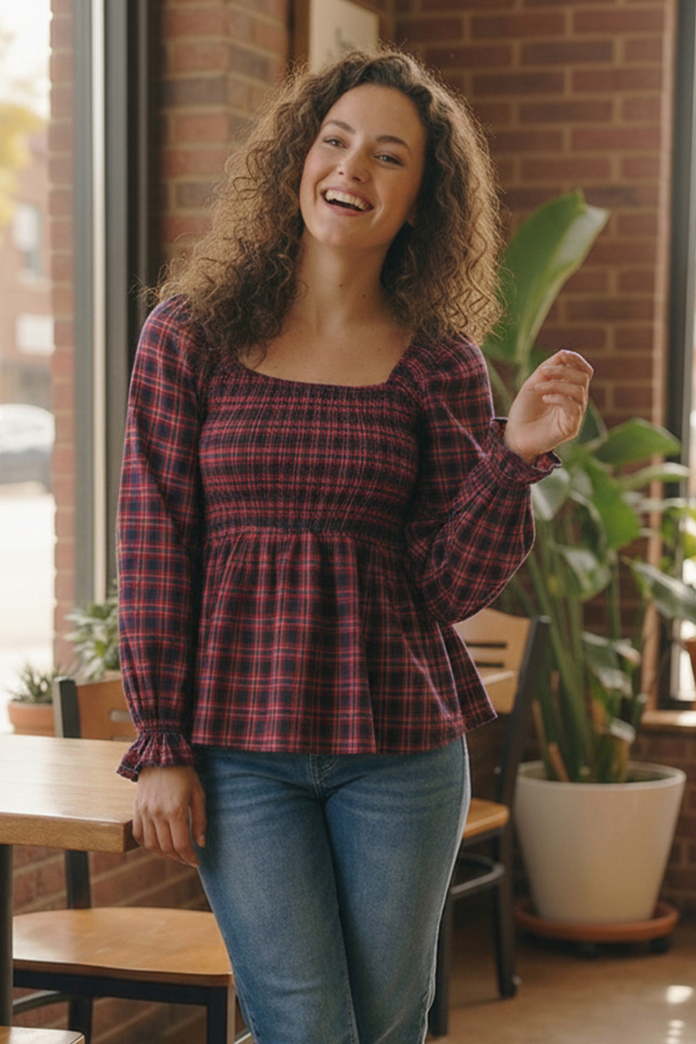 Haptics Cranberry Plaid Smocked Peplum Top with ruffled cuffs